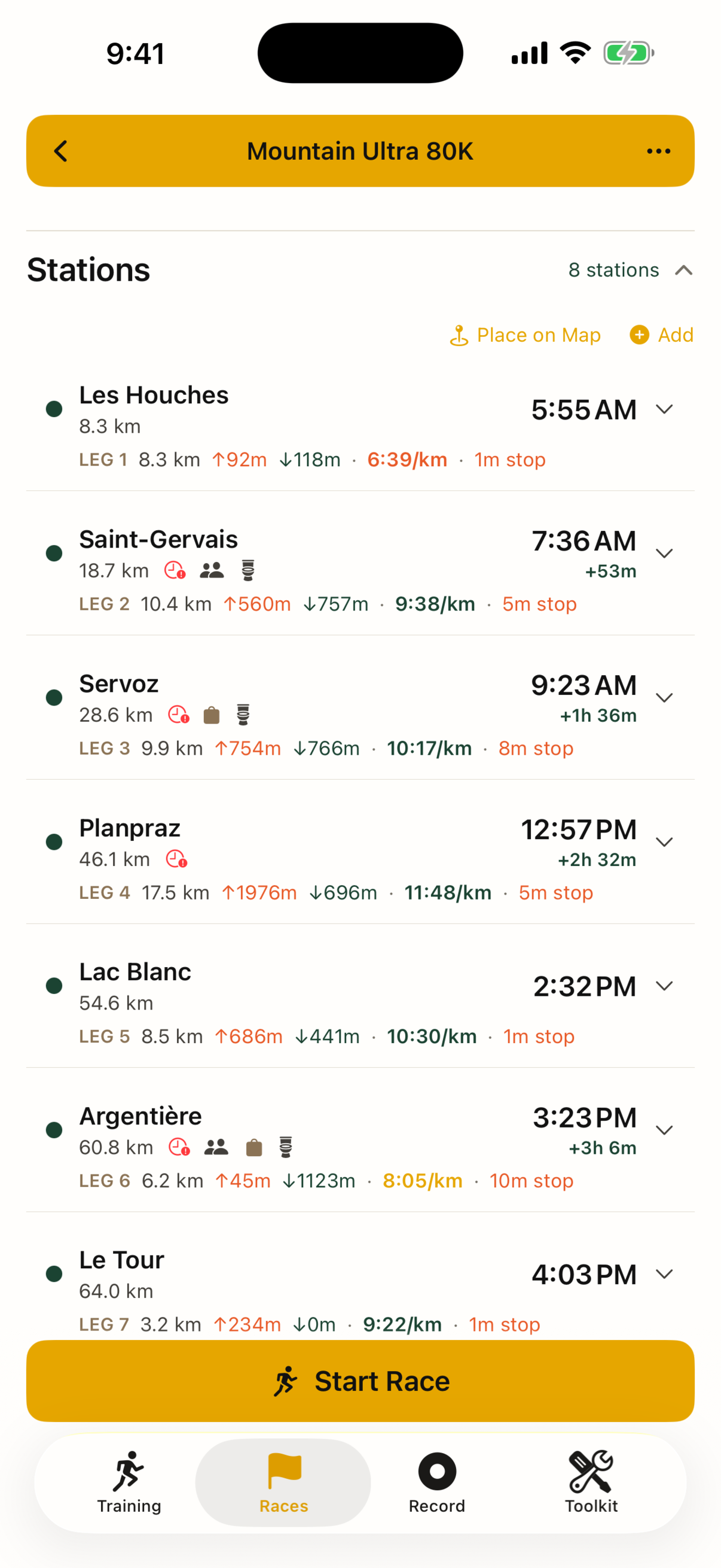 Race plan with aid stations, ETAs and cutoffs