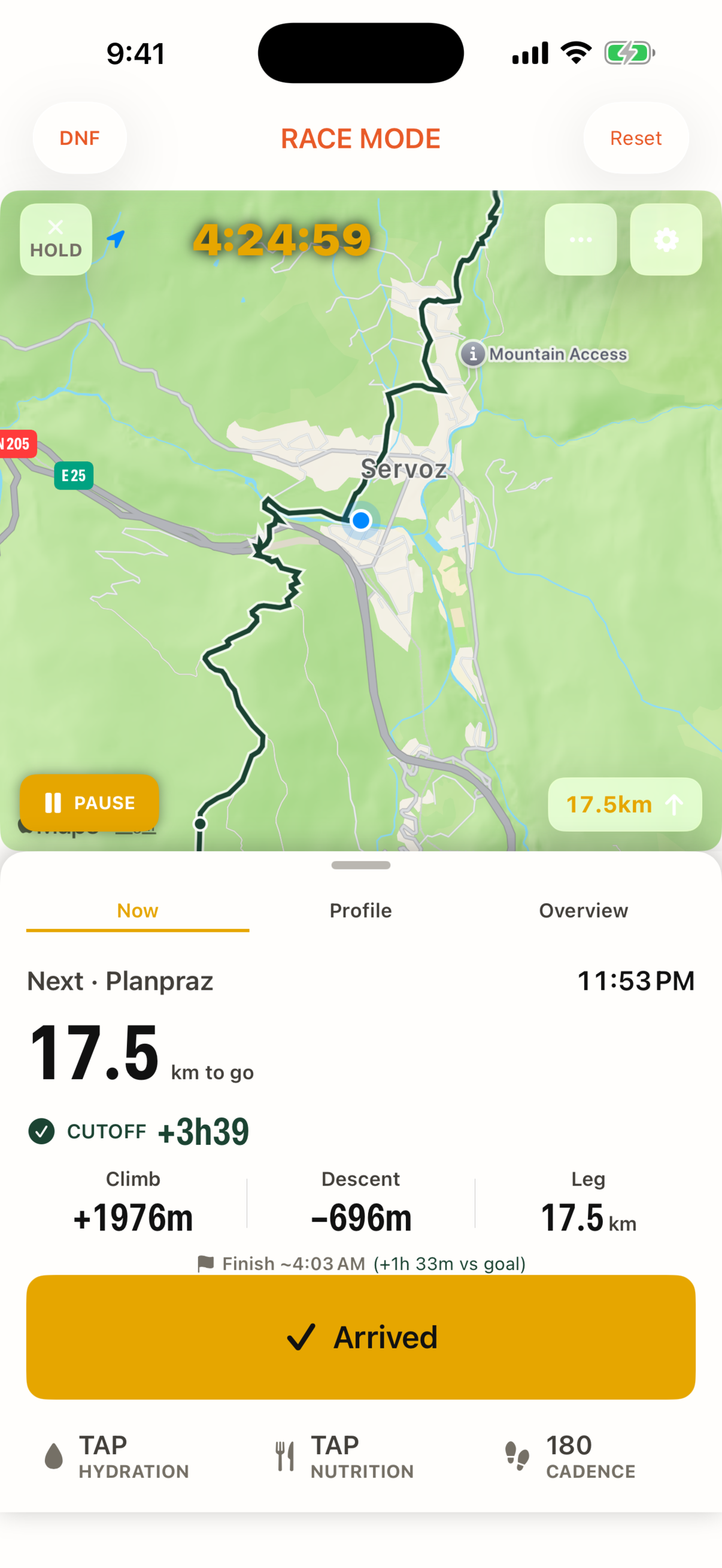 Race-day live screen showing the next station